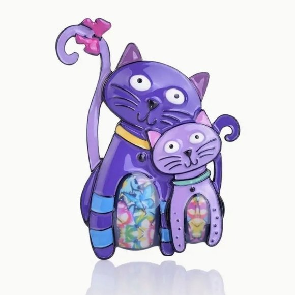 Mother Cat with Kitten Brooch Whimsy Violet Purple Lavender Enamel - Picture 1 of 1
